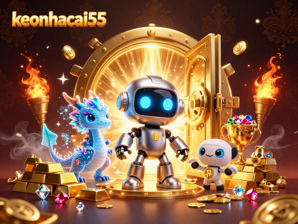 Immerse in keonhacai55's vibrant casino world, showcasing a cyberpunk robot, AI dragon, and bitcoin drone.