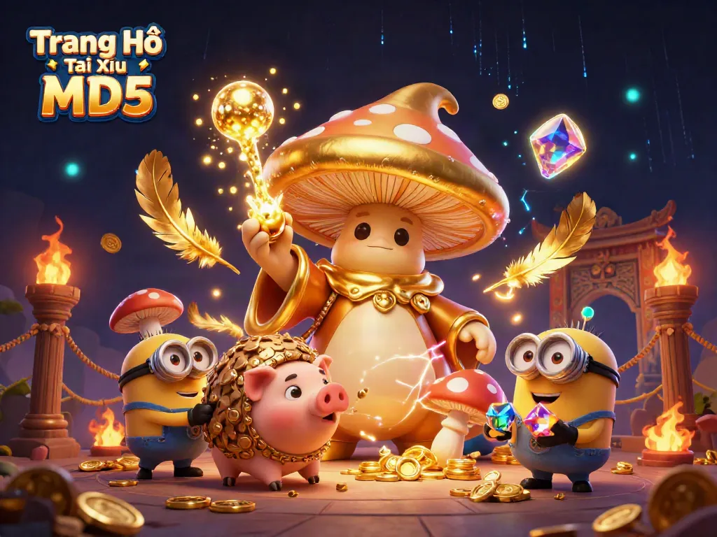 Engage in thrilling gameplay at Trang Chủ Tài Xỉu MD5 with a magical golden mushroom wizard and treasure-seeking characters.