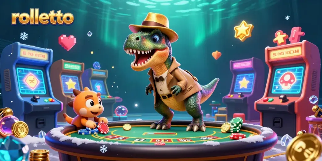 rolletto showcases a colorful casino scene with cartoon dinosaurs engaging in games.
