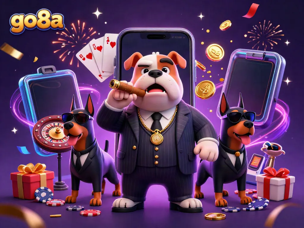 Embark on thrilling gaming adventures with go8a featuring a mafia boss bulldog and Doberman bodyguards surrounded by vibrant casino elements.