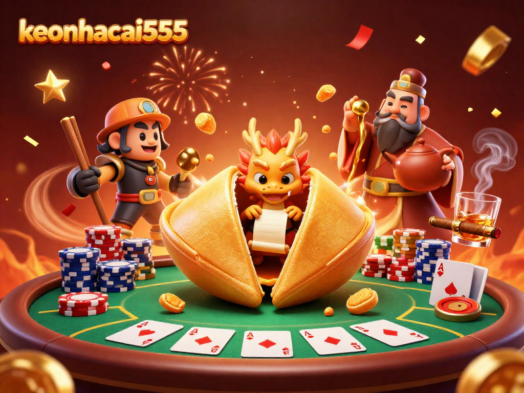 Engage with keonhacai555's vibrant poker scene featuring a whimsical fortune cookie and dynamic gaming elements.