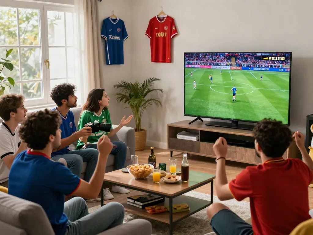 Excited fans enjoying a live football match on Xoilactv in Full HD quality.