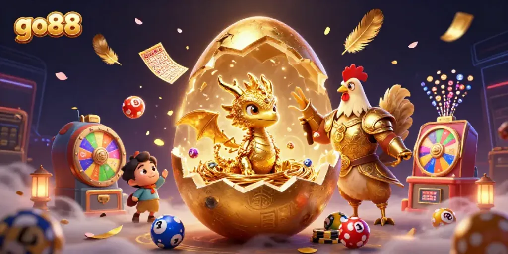 Engage with go88's thrilling atmosphere featuring a golden dragon, poker chips, and dynamic colorful gambling elements.