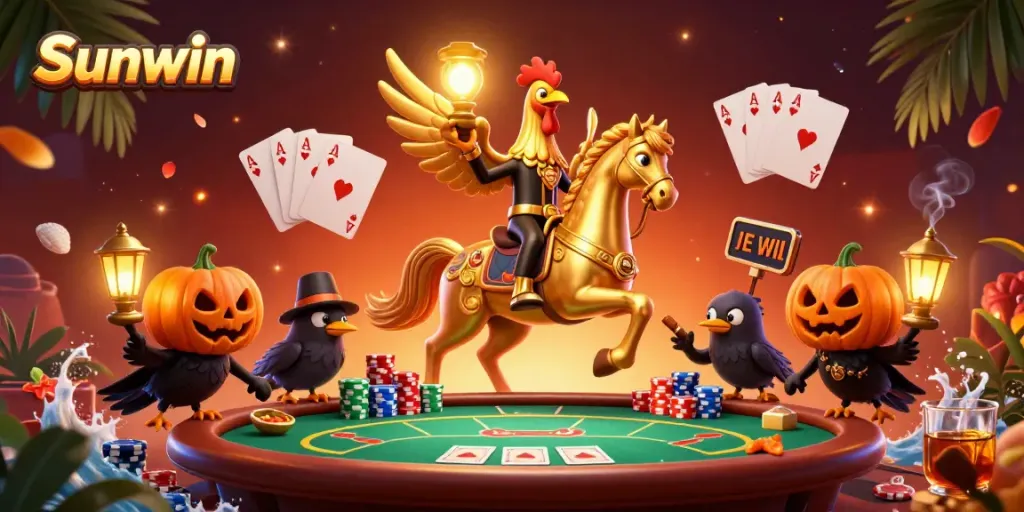 Experience the thrill of Sunwin gaming with a golden rooster riding through a vibrant casino scene.
