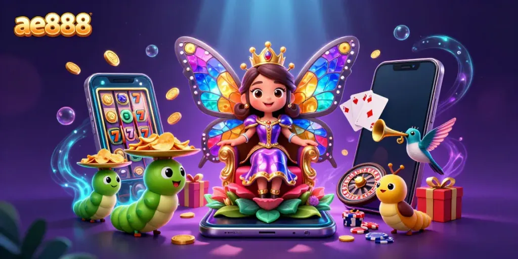 Engage in thrilling ae888 slot adventures with a vibrant cartoon scene of casino royalty and games