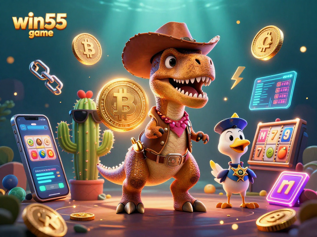 Engage with the win55 game featuring colorful casino elements in a dynamic 3D illustration.