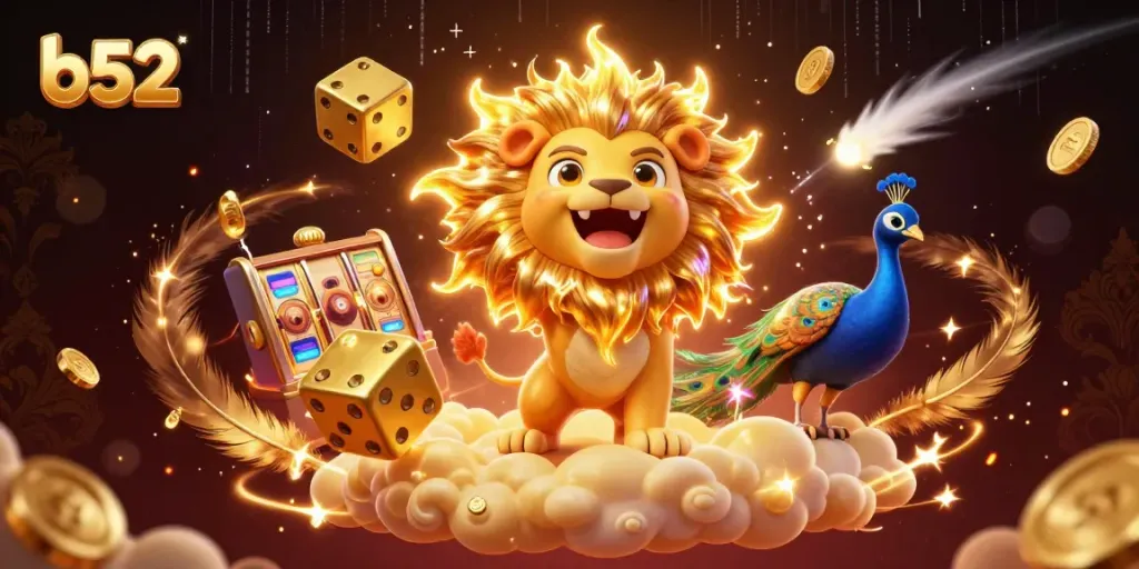 B52 casino scene featuring a roaring lion, golden dice, and vibrant game elements