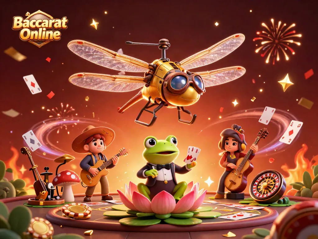 Engage with Baccarat Online gaming while enjoying a vibrant 3D scene of animated characters and casino elements.