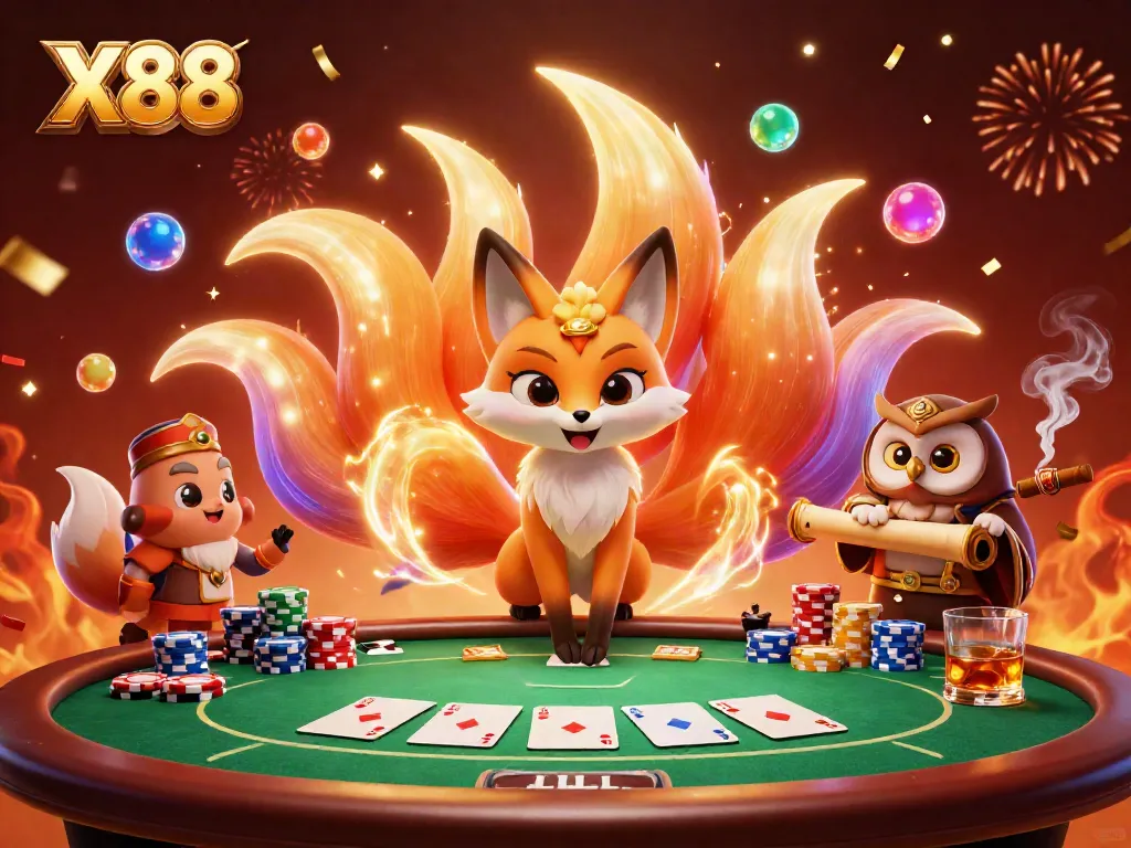 X88 themed casino illustration showcasing a vibrant nine-tailed fox and wise owl with poker elements