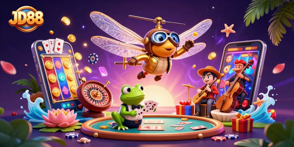 Engage with JD88's vibrant casino scene featuring a dragonfly pilot and frog croupier.