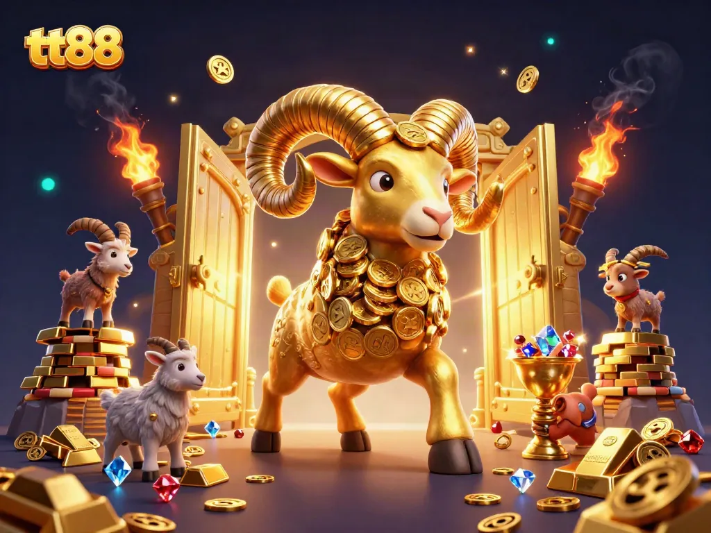 Engage with tt88's thrilling gaming adventure featuring a golden ram charging through treasure.