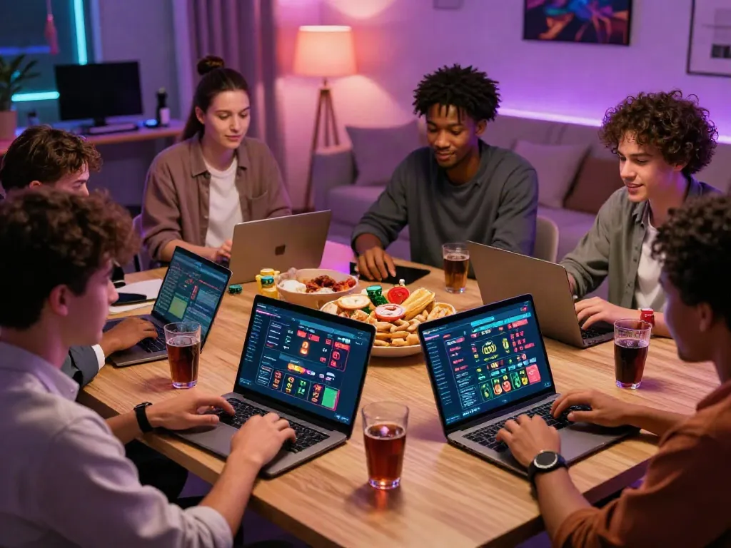 Friends enjoying a vibrant 8kbet online gambling experience with devices and snacks.