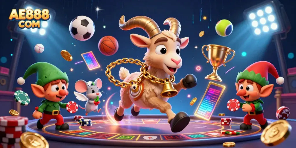 Experience the thrilling world of AE888 COM with Krampus and festive characters in a dynamic casino scene.