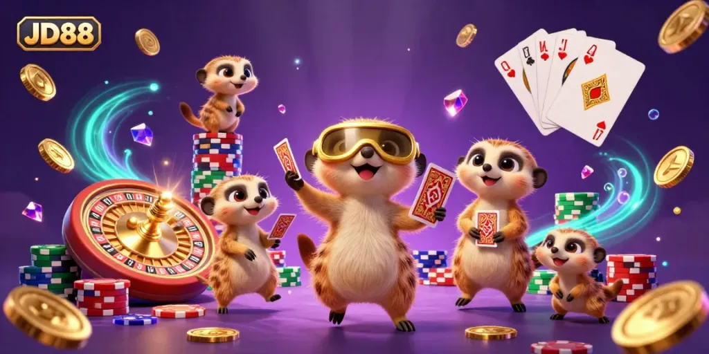 Experience JD88's vibrant casino atmosphere with animated meerkats managing games and celebrating wins.