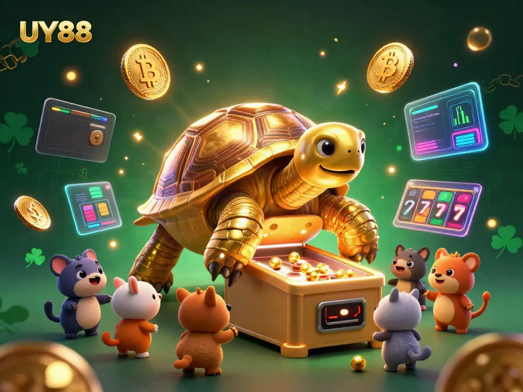 Experience the engaging world of UY88 with a lively golden tortoise and vibrant casino elements.