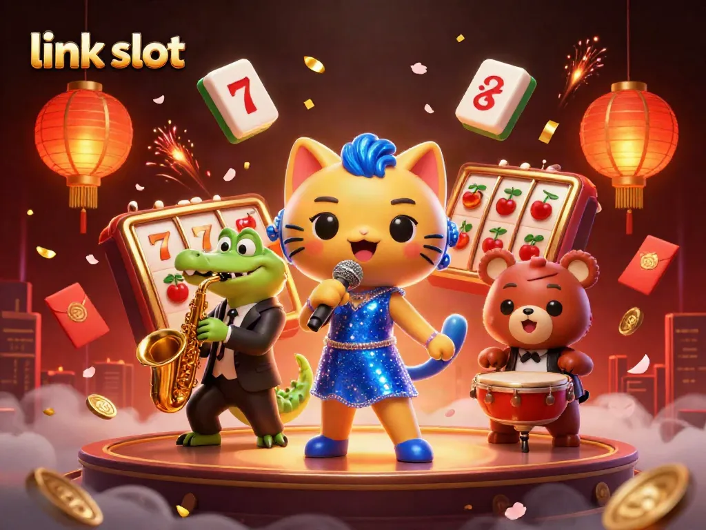 Play exciting games at link slot, featuring lively casino characters and vibrant symbols.