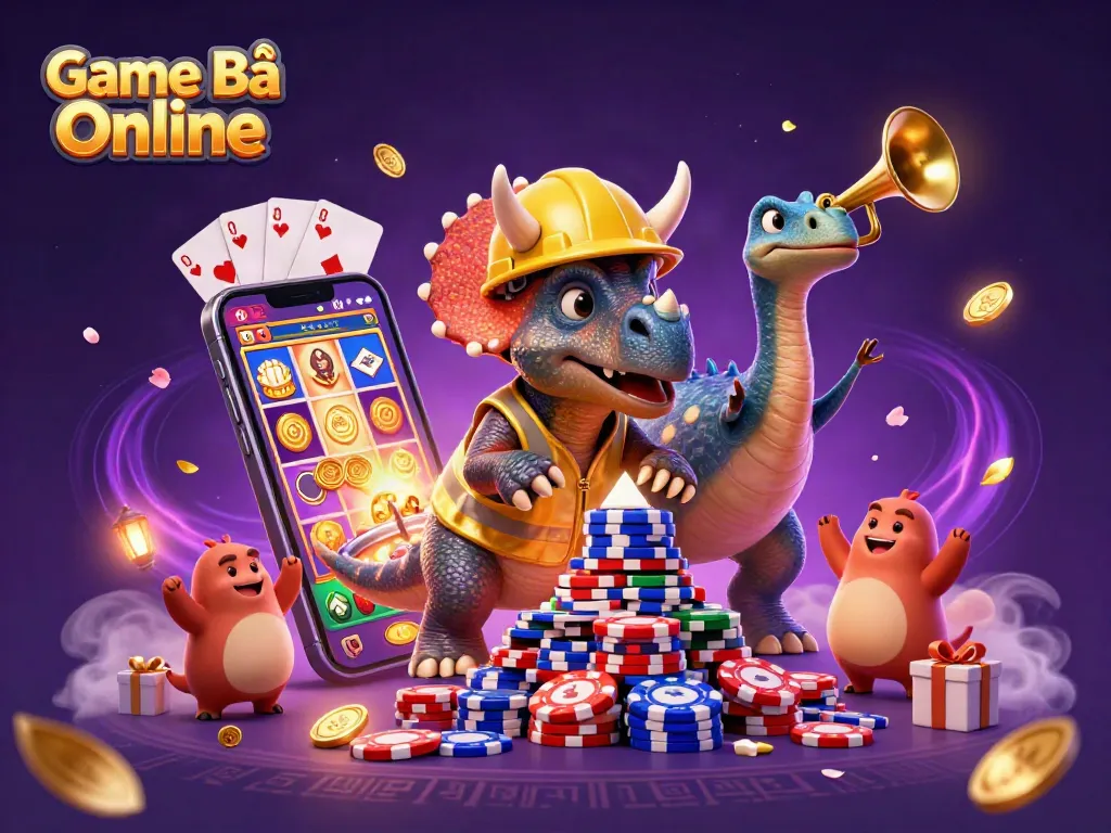 Experience the excitement of Game Bài Online as a triceratops builds poker chips while celebrating other characters