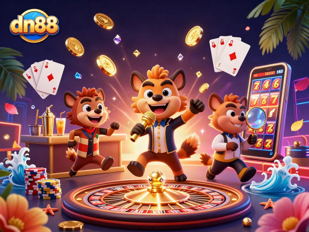 Engage in vibrant casino fun with dn88 as hyenas entertain at a comedy club surrounded by gaming elements.