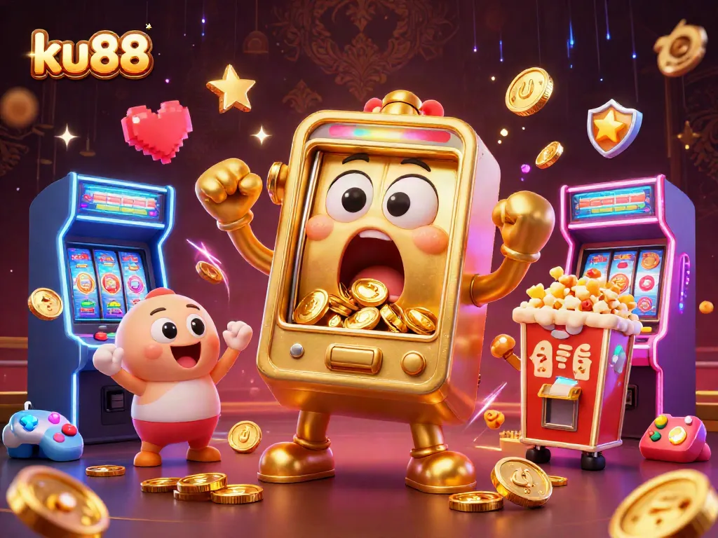 ku88 slot machine celebrating a jackpot with coins pouring out, vibrant casino scene