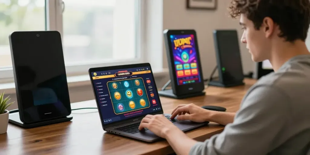 Player engaging with credit card casino sites on laptop, surrounded by vibrant gaming elements.