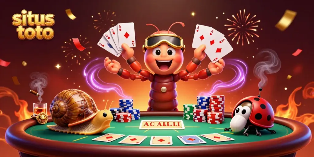 Experience situs toto with a vibrant fusion of characters and poker elements celebrating at a dazzling casino scene.