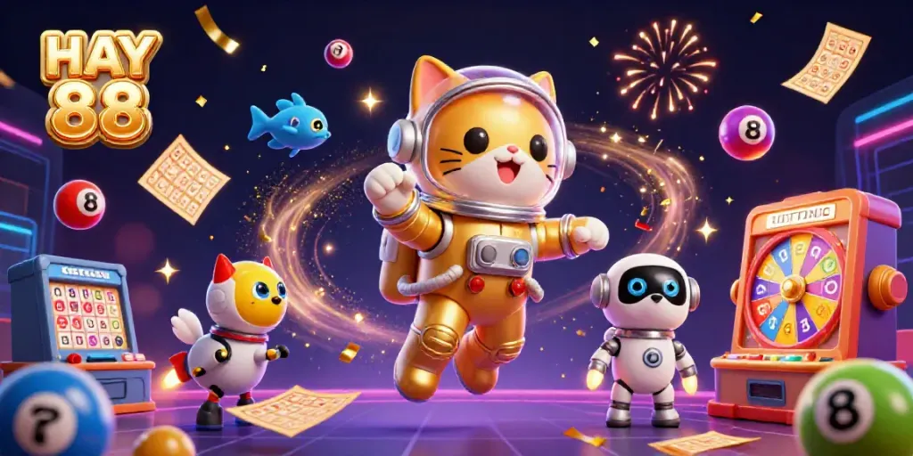 Experience the excitement of HAY 88 in this captivating 3D casino illustration featuring a floating astronaut cat and dynamic lottery elements.