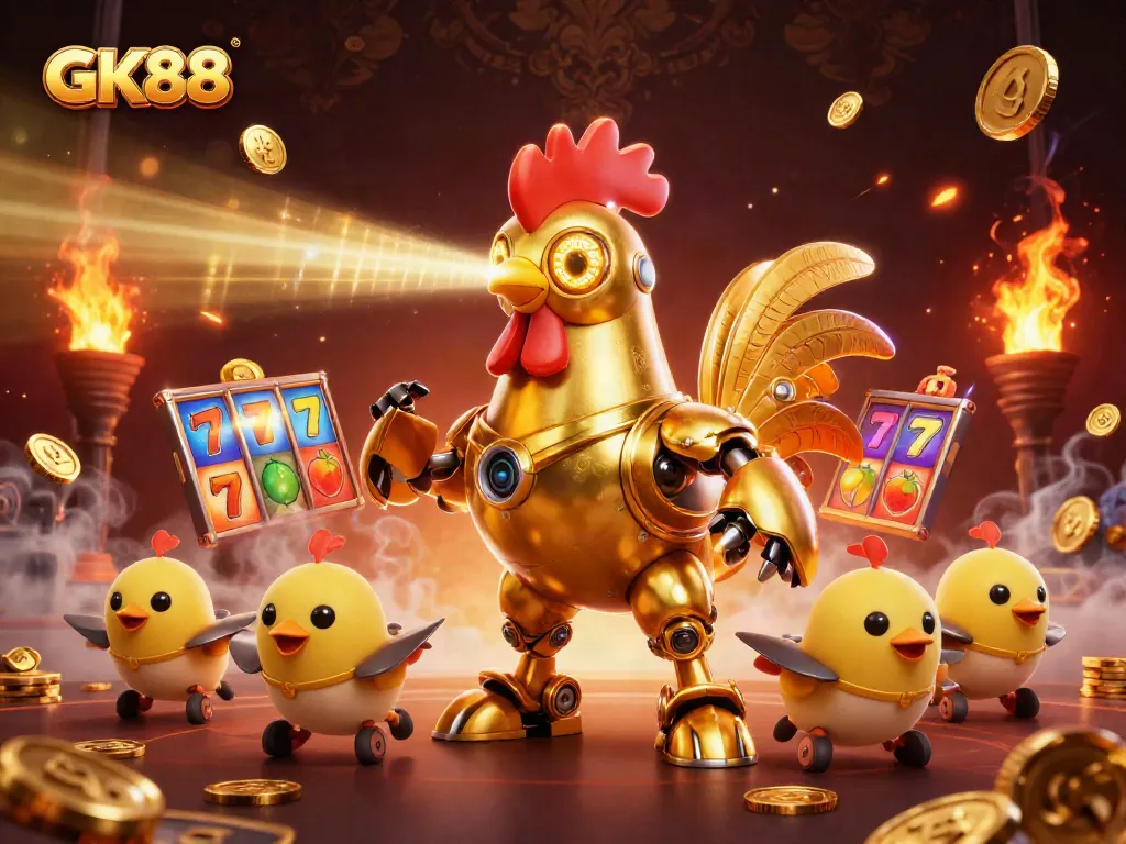Experience thrilling GK88 slots action with a golden rooster robot and baby chick drones in a vibrant casino.