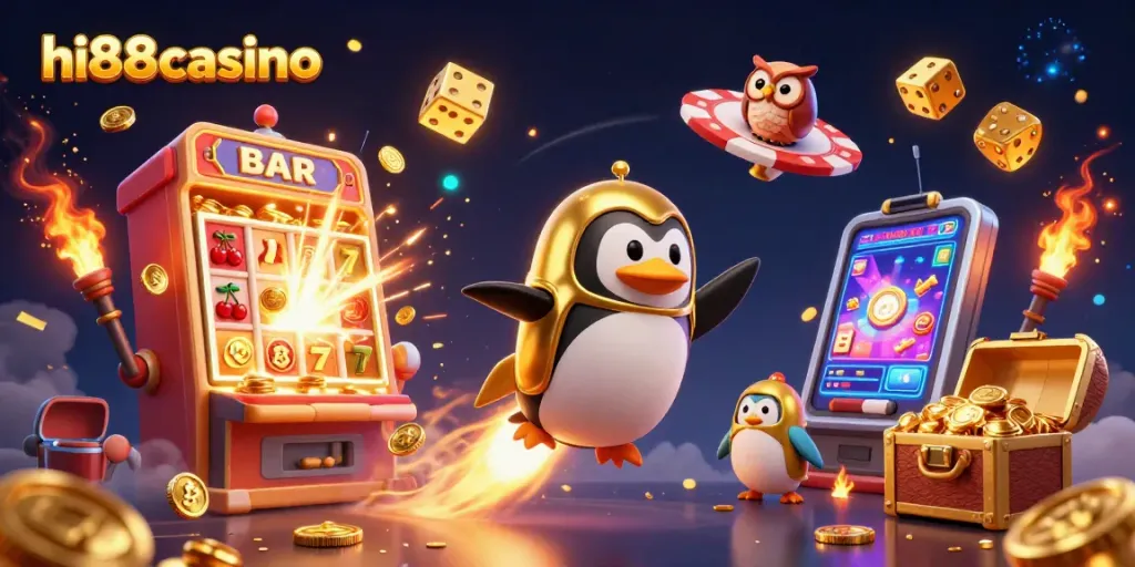 Engage with hi88casino's thrilling experience featuring dynamic casino elements and a rocket-powered penguin.