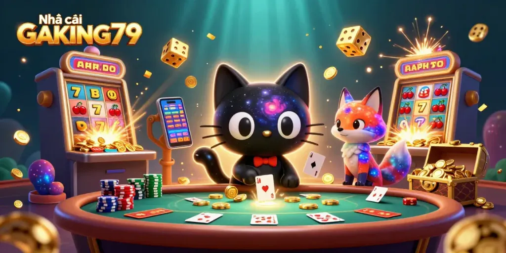 Immerse in the thrill of Nhà cái GAKING79 with a vibrant cosmic casino illustration featuring a captivating black hole cat!