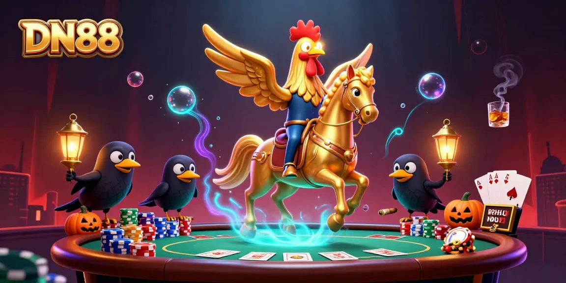 Illustration showcasing DN88's vibrant casino scene with golden rooster and poker action.