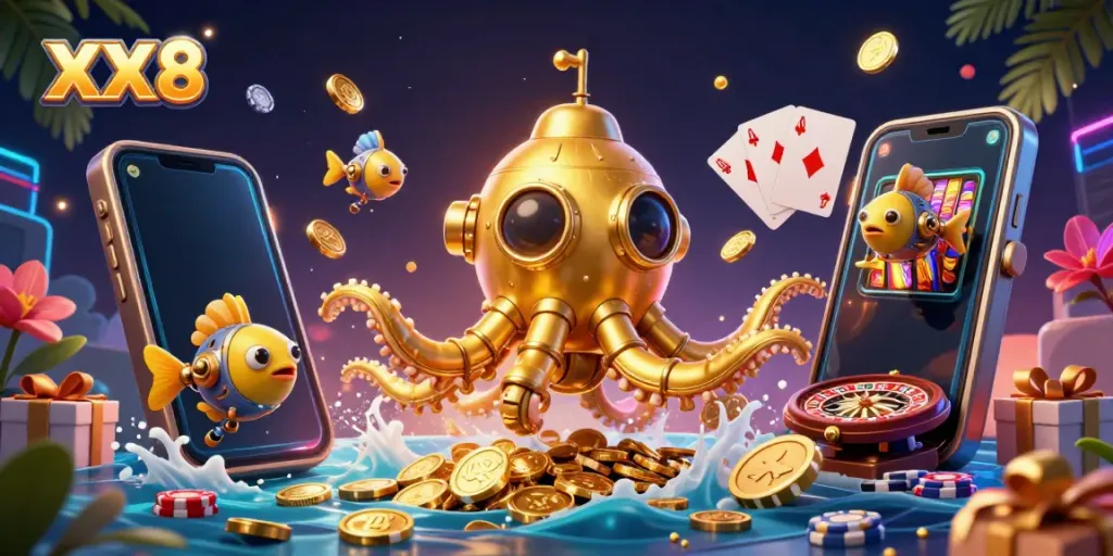 Engage with thrilling casino games on XX8 as a golden kraken submarine surfaces amidst golden coins and vibrant game elements.