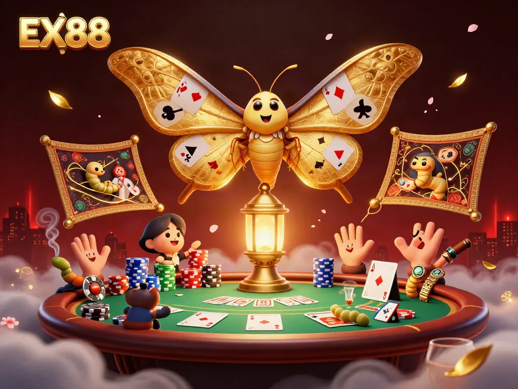 Experience the enchanting world of EX88 with a vibrant, detailed casino scene featuring unique characters and rich elements.
