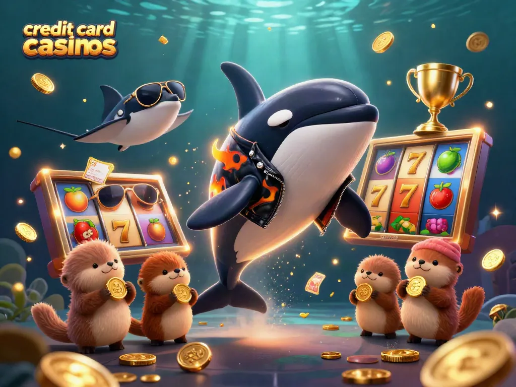 Engaging scene of cartoon characters representing credit card casinos, with vibrant slot reels and golden coins scattered