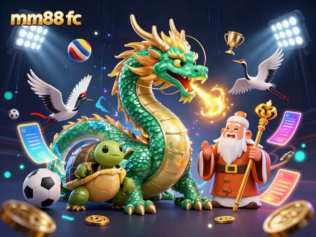 Engaging scene of mm88 fc with a jade dragon, turtle sage, and lucky cranes surrounded by sports elements.