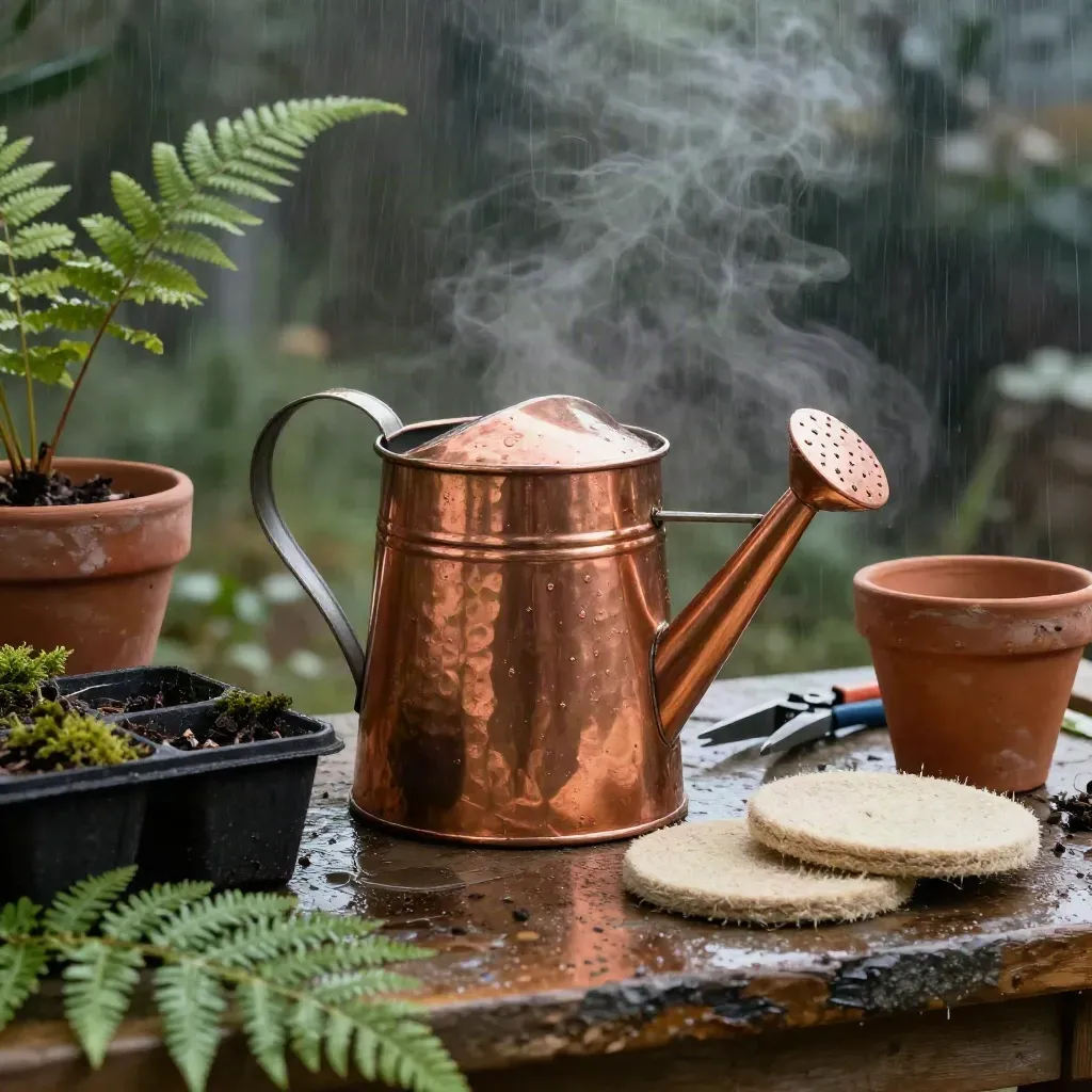 Copper watering can with seedling trays, terracotta pots and tools on a misty potting bench