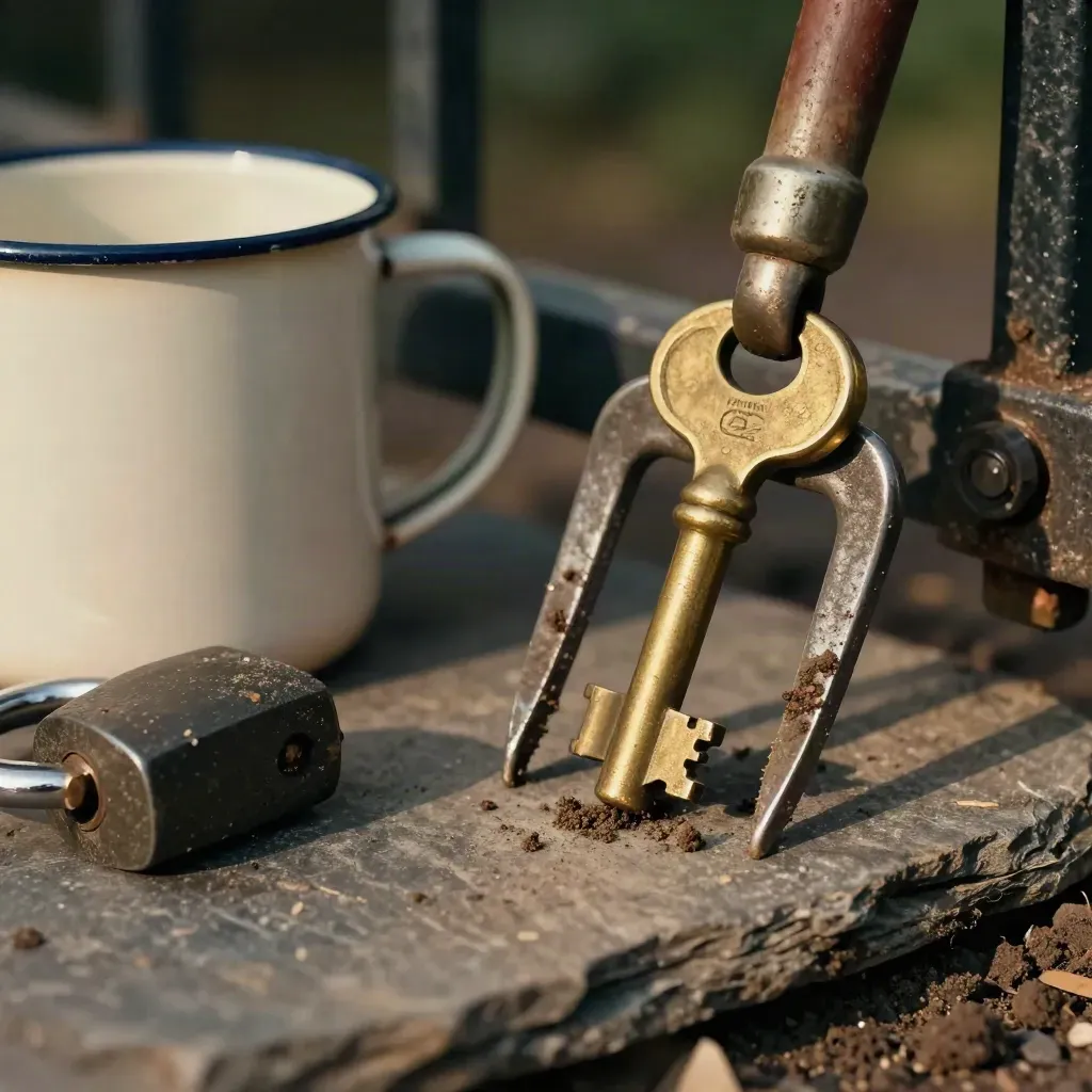 Brass allotment key, hand fork, enamel mug and padlock on a slate gate step