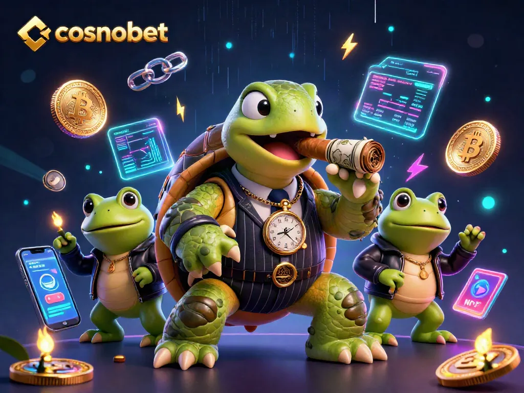 Engage with cosmobet's thrilling games featuring a mobster turtle and bullfrog enforcers amidst neon crypto visuals.