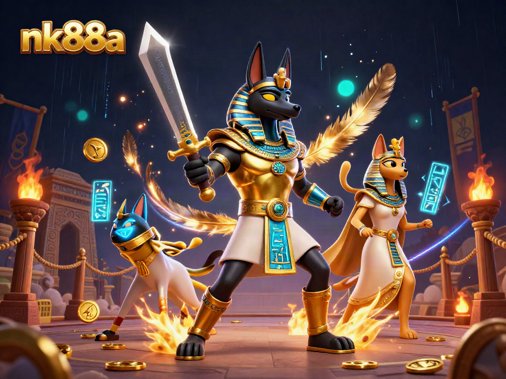 Experience thrilling gameplay at nk88a with an ancient Egyptian warrior and dynamic casino elements.