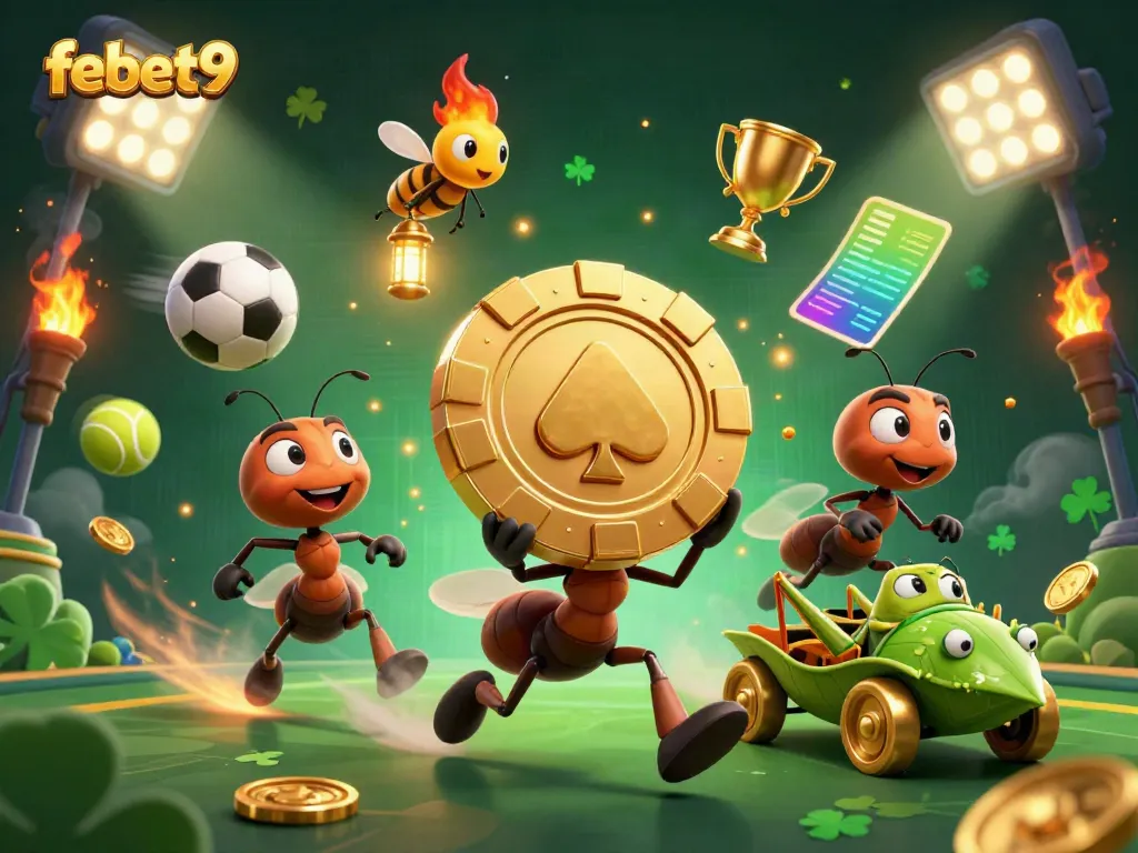 Experience exciting gaming with febet9's lively heist scene featuring cartoon ants, golden poker chips, and dynamic sports elements.
