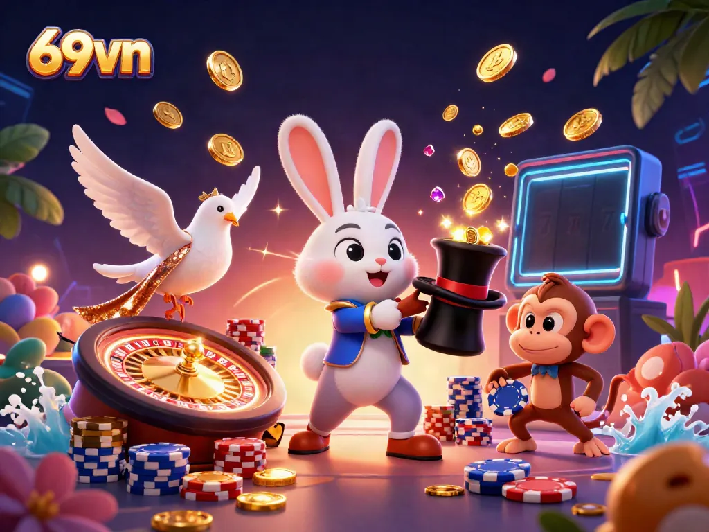 Experience the magic of 69vn with a cartoon magician rabbit pulling golden coins, surrounded by dazzling casino elements.