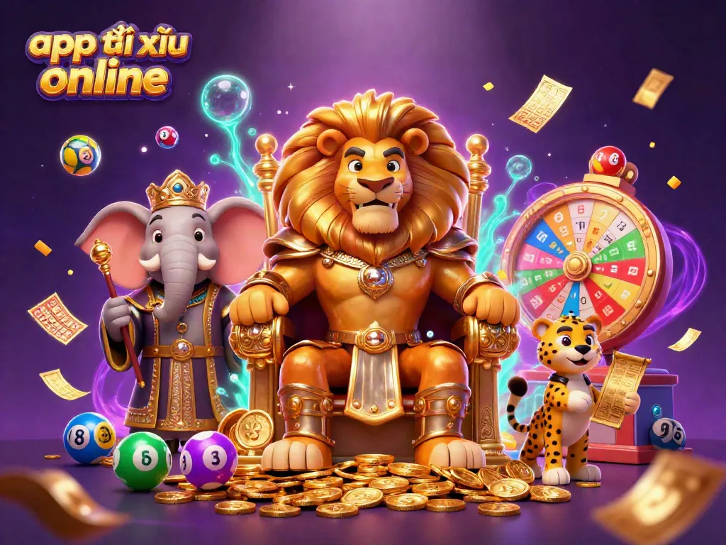 Engage with the thrilling app tài xỉu online, showcasing a vibrant scene with a lion king, elephant advisor, and cheetah messenger.