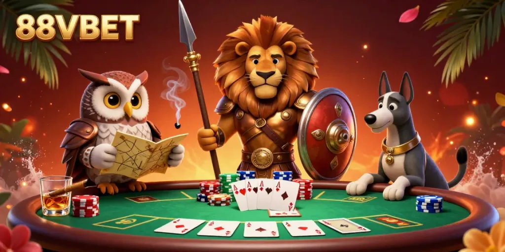 Experience thrilling gameplay with 88VBET via poker games featuring a brave lion, tactical owl, and swift greyhound.
