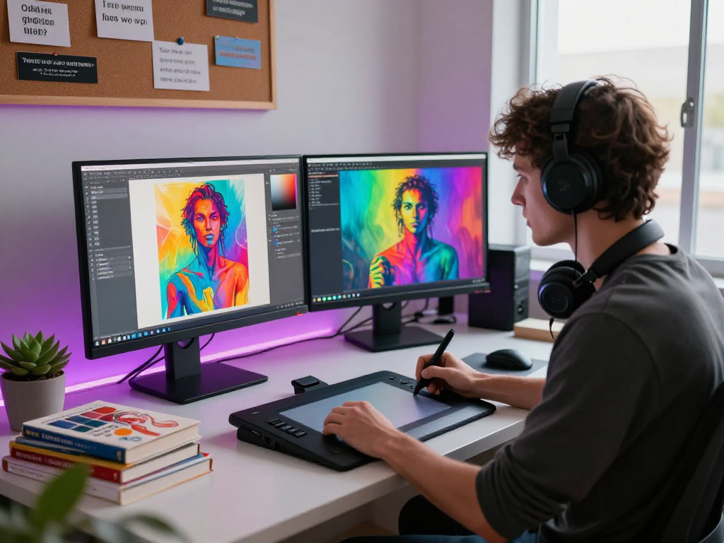 Artist creating NSFW AI visuals in a modern digital studio with vibrant colors and inspiring decor.