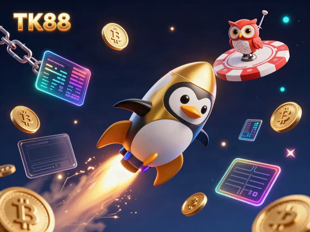 Join the TK88 rocket-powered penguin on an adventure to a casino space station!