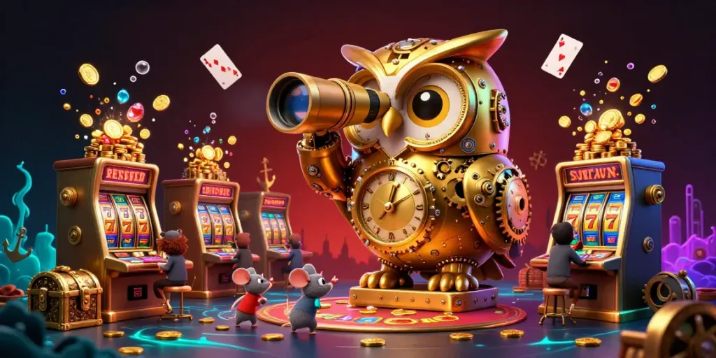 Engage in soi keo nha cai with a vibrant 3D scene of an owl and slot machines filled with treasures.