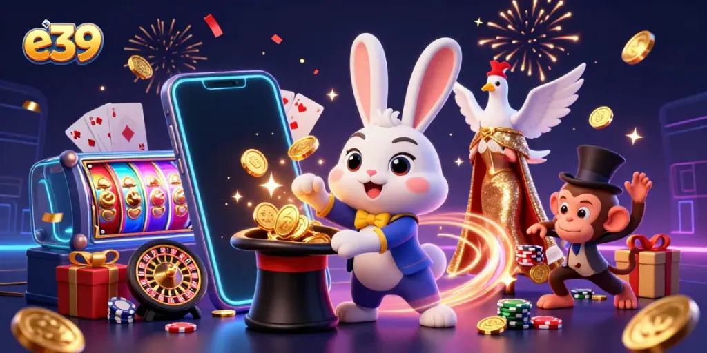 Engage with e39's vibrant casino magic as a rabbit conjures coins and a dove sparkles, amidst thrilling gaming energy.