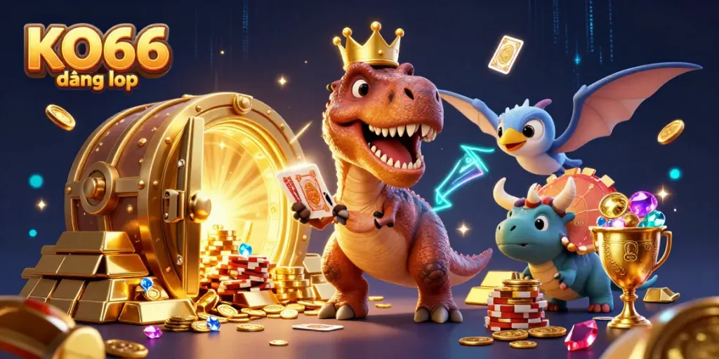 Join the fun at KO66 đăng nhập with cartoon dinosaurs playing cards and stacking chips in a vibrant casino.