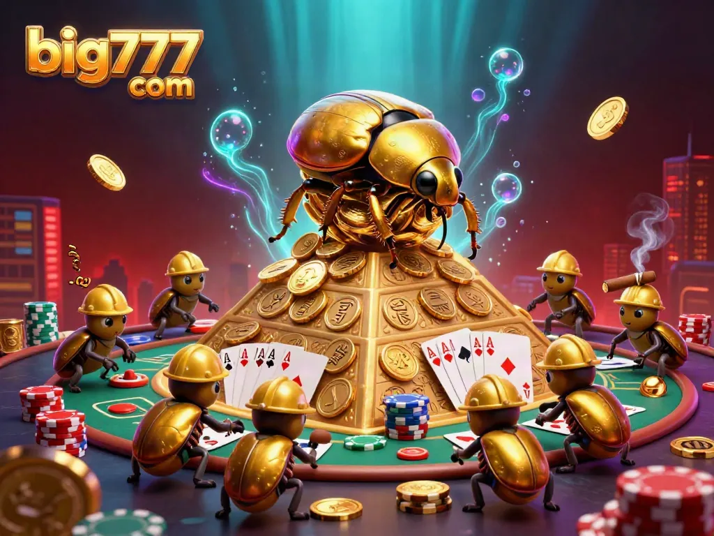 Engage with big777 com's vibrant casino adventure featuring gold coins, beetles, and poker dynamics.