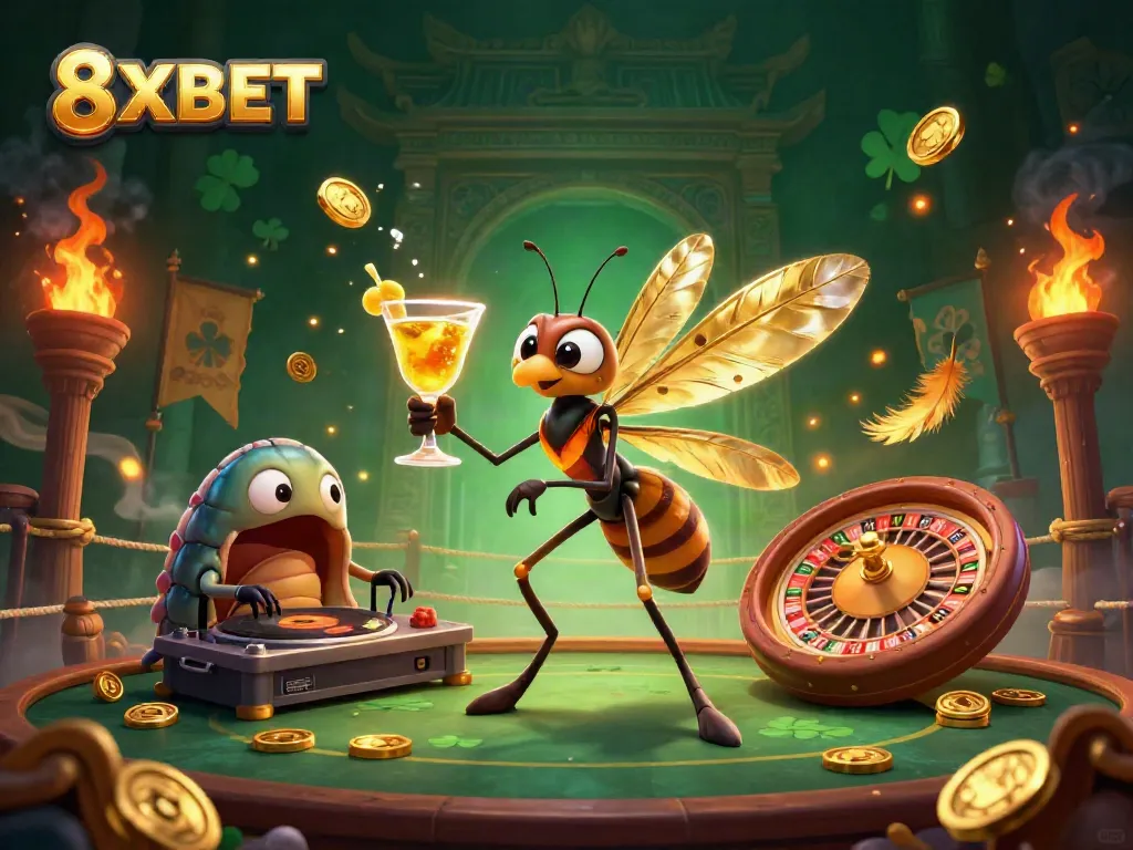 Experience the vibrant energy of 8XBET through a dynamic casino illustration featuring unique characters and game elements.