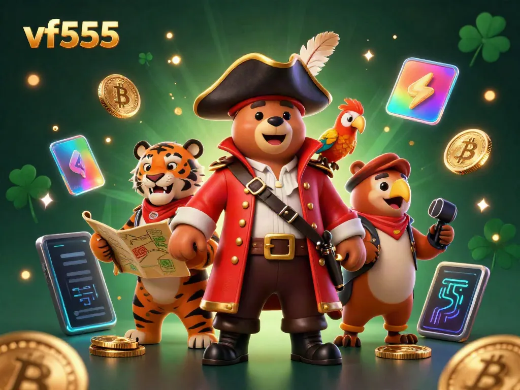 Engage with vf555's vibrant digital casino scene featuring characters and crypto gaming elements.